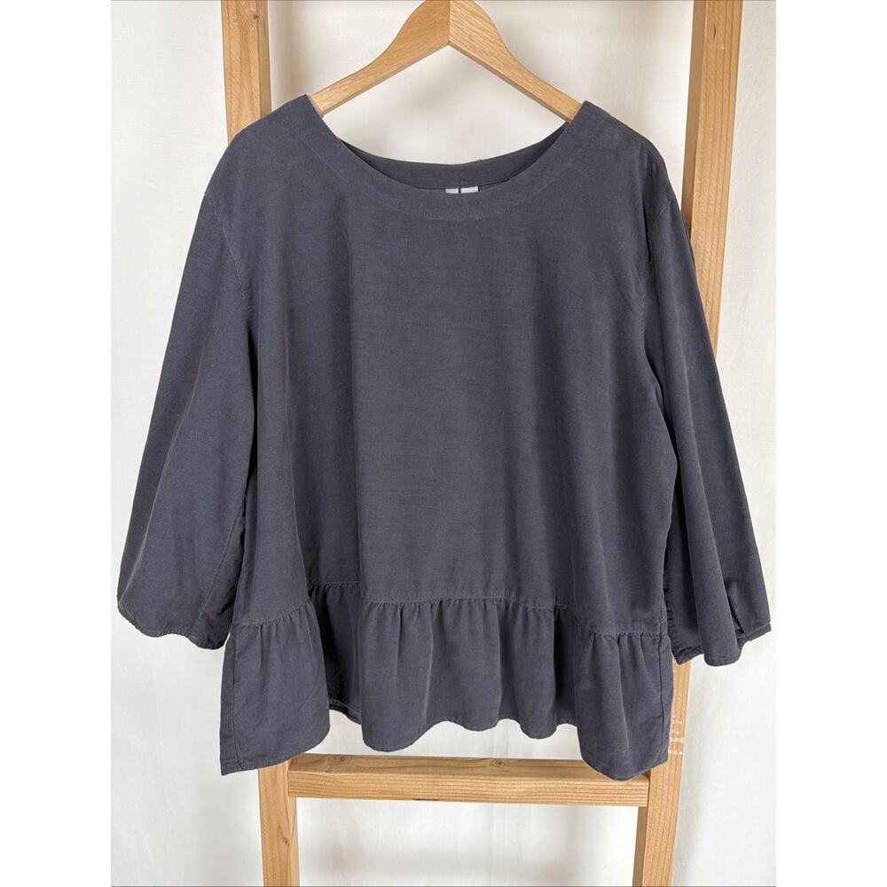 NWT Kleen Gray 3/4 Sleeve Corduroy Ruffle Hem Top #0843 Size 1X